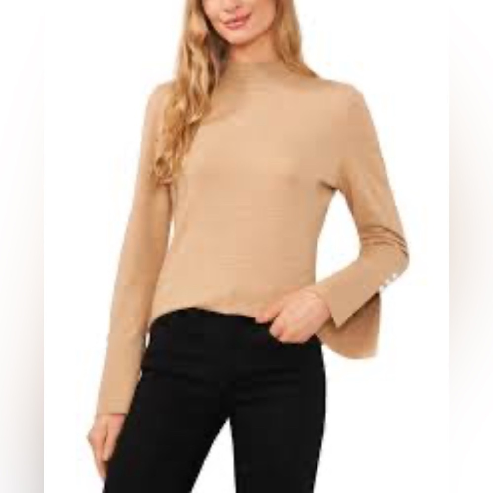 CeCe Women's Imitation Pearl Trim Split Sleeve Mock Neck Sweater Size Small Tan